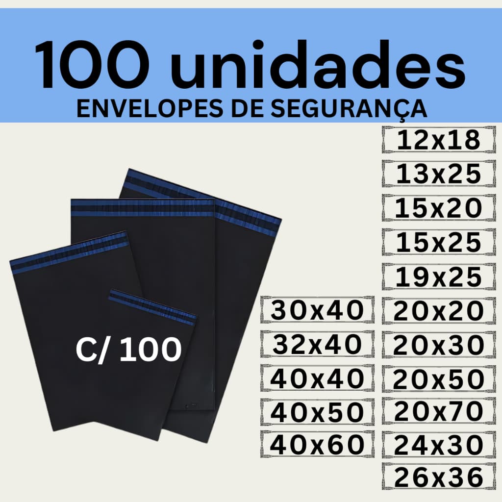 Kit 100 Envelopes Segurança Embalagem De Envio 12x18 15x20 15x25 19x25 20x20 20x30 20x70 26x36 32x40 40x50 50x60 50x70