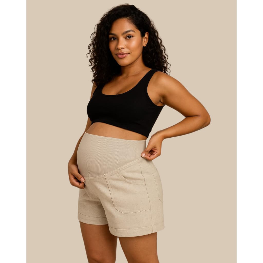 Short de Linho Gestante com Cós Alto Ajustável – Conforto e Elegância para o Dia a Dia