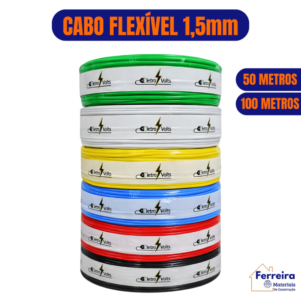 Cabo Elétrico 50/100 Metros 1,5 mm Fio Flexível Antichamas 750v
