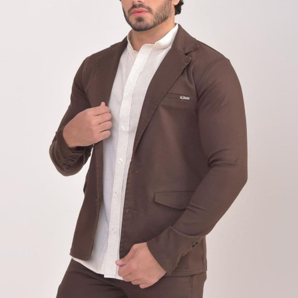 Blazer Paletó Slim Alfaiataria Sarja Premium com Elastano Masculino 2 Botões Corte Italiano Esporte Fino Elegante Terno