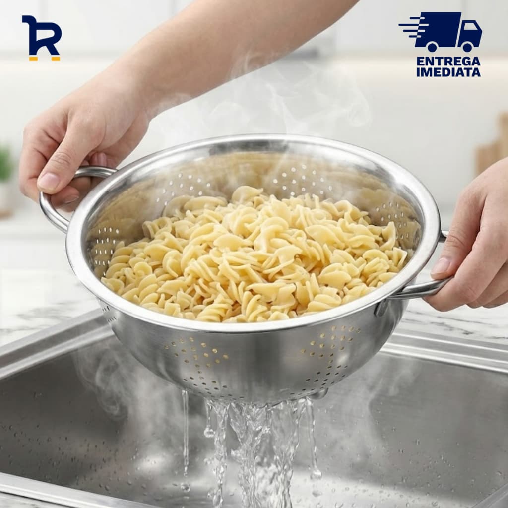 Escorredor de Massas Macarrão Inox Lava Alimentos Fruta Legumes Verduras Cozinha Multiuso
