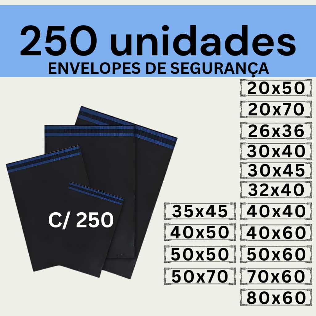 Kit 250 Envelopes Segurança Embalagem De Envio 20x50 20x70 26x36 30x40 30x45 32x40 35x45 40x40 40x50 40x60 50x50 50x60