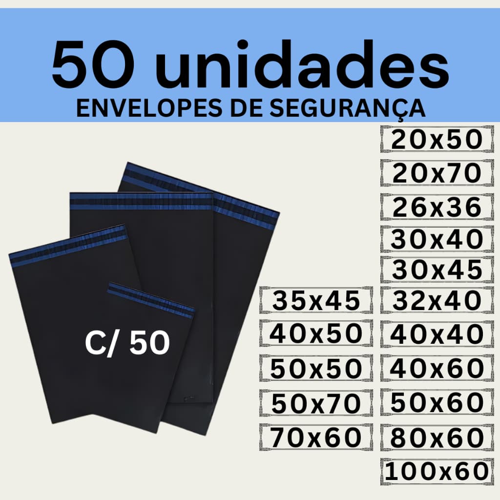 Kit 50 Envelopes Segurança Embalagem De Envio 20x50 20x70 26x36 30x40 30x45 32x40 35x45 40x40 40x50 40x60 50x50 50x60