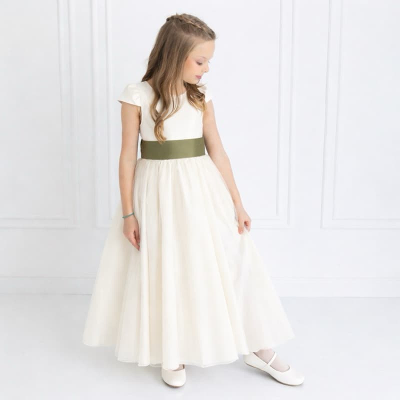Vestido Longo Cru Off White Infantil Faixa (Verde musgo, Verde Cha, Verde Oliva, Azul, Rosa) REF4166
