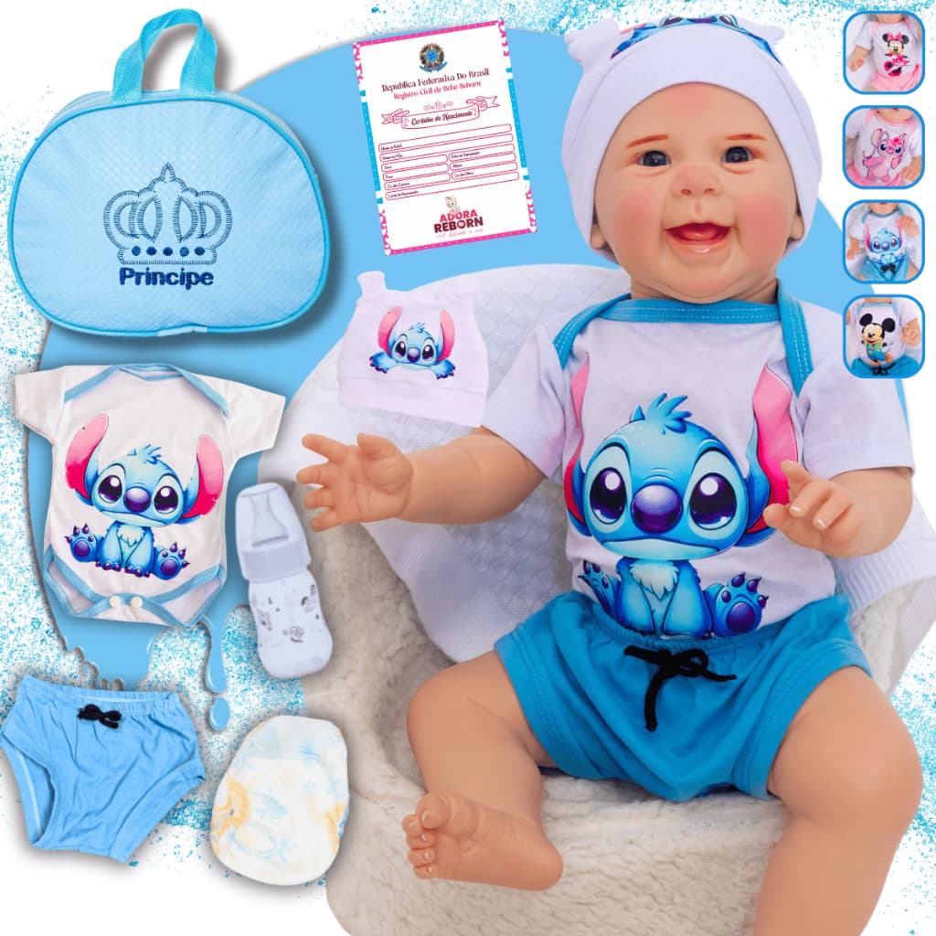 Bebê Reborn Boneco Stitch Menino Original Realista de Silicone Pode Dar Banho