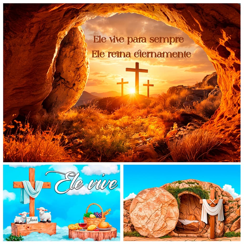Painel Fotográfico Ressurreição de Cristo Ele Vive Páscoa em  Tecido 1,5x2,2 Mt