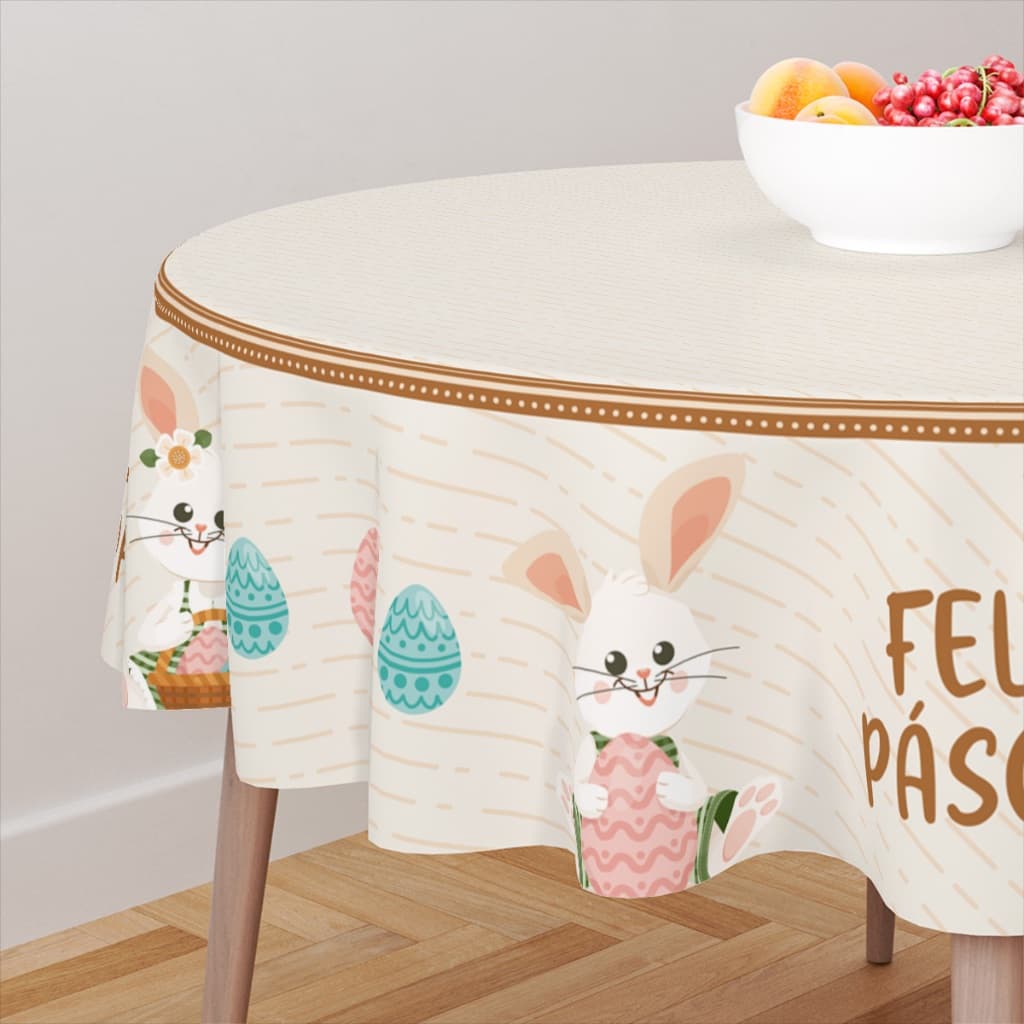 Toalha de Mesa Redonda Pascoal Decorativa 4 Assentos Exclusiva Páscoa 140x140cm Coelho e Coelha