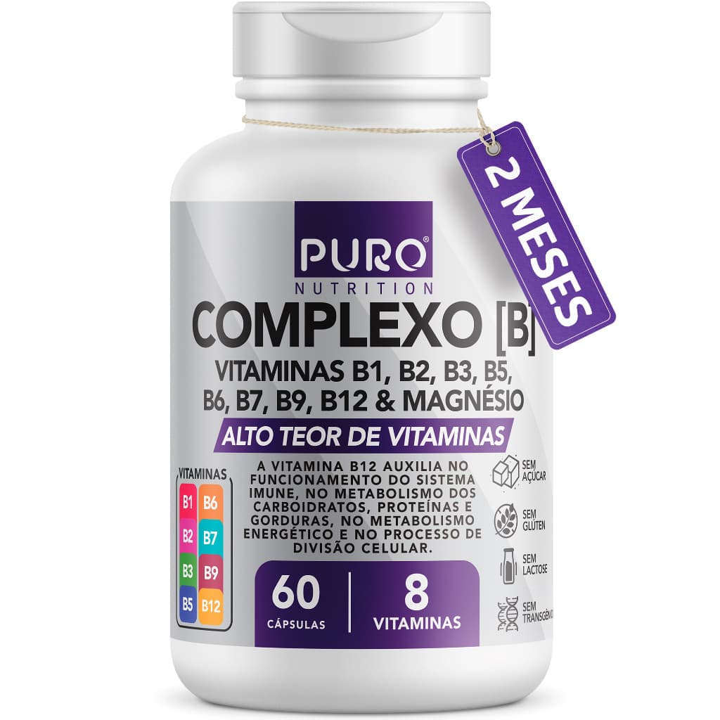 Complexo B Puro Nutrition – Vitaminas B1, B2, B3, B5, B6, B9, B12 e Magnésio, 60 Cápsulas