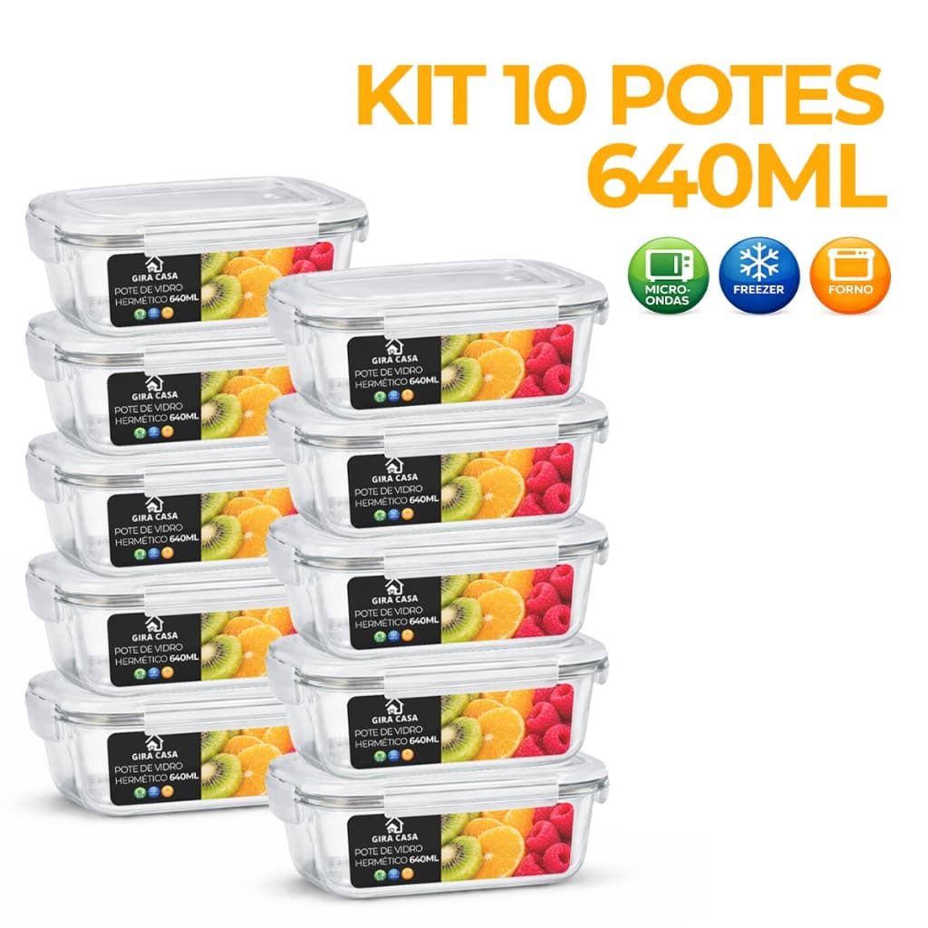 Kit 3/5/10 Potes de Vidro 640ml Hermético Marmita Fit com Tampa 4 Travas