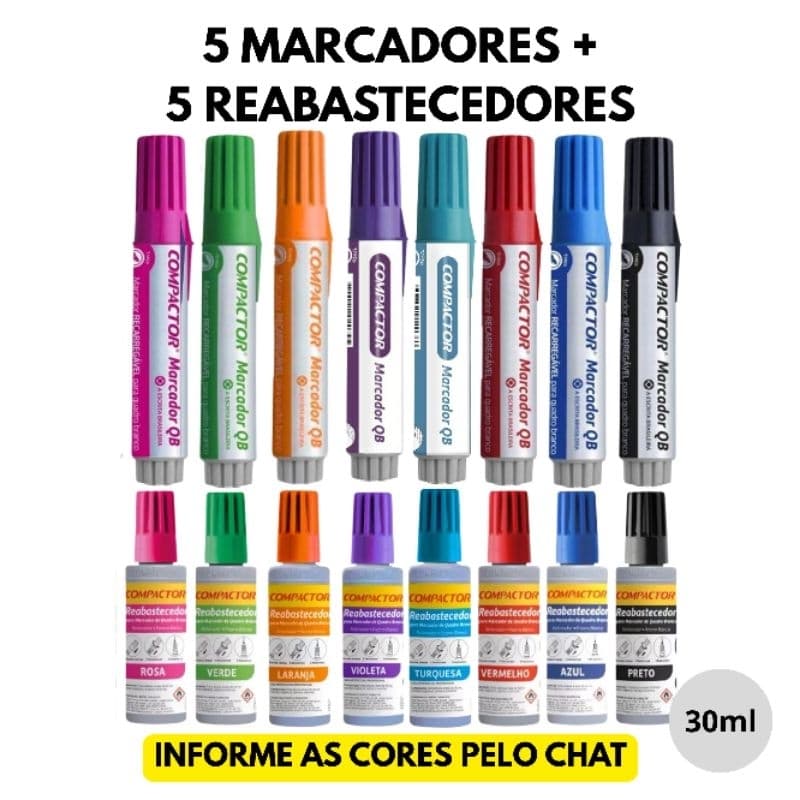 5 pincel marcador recarregável quadro branco compactor + 5 reabastecedor 30ml (informe as 5 cores no chat)