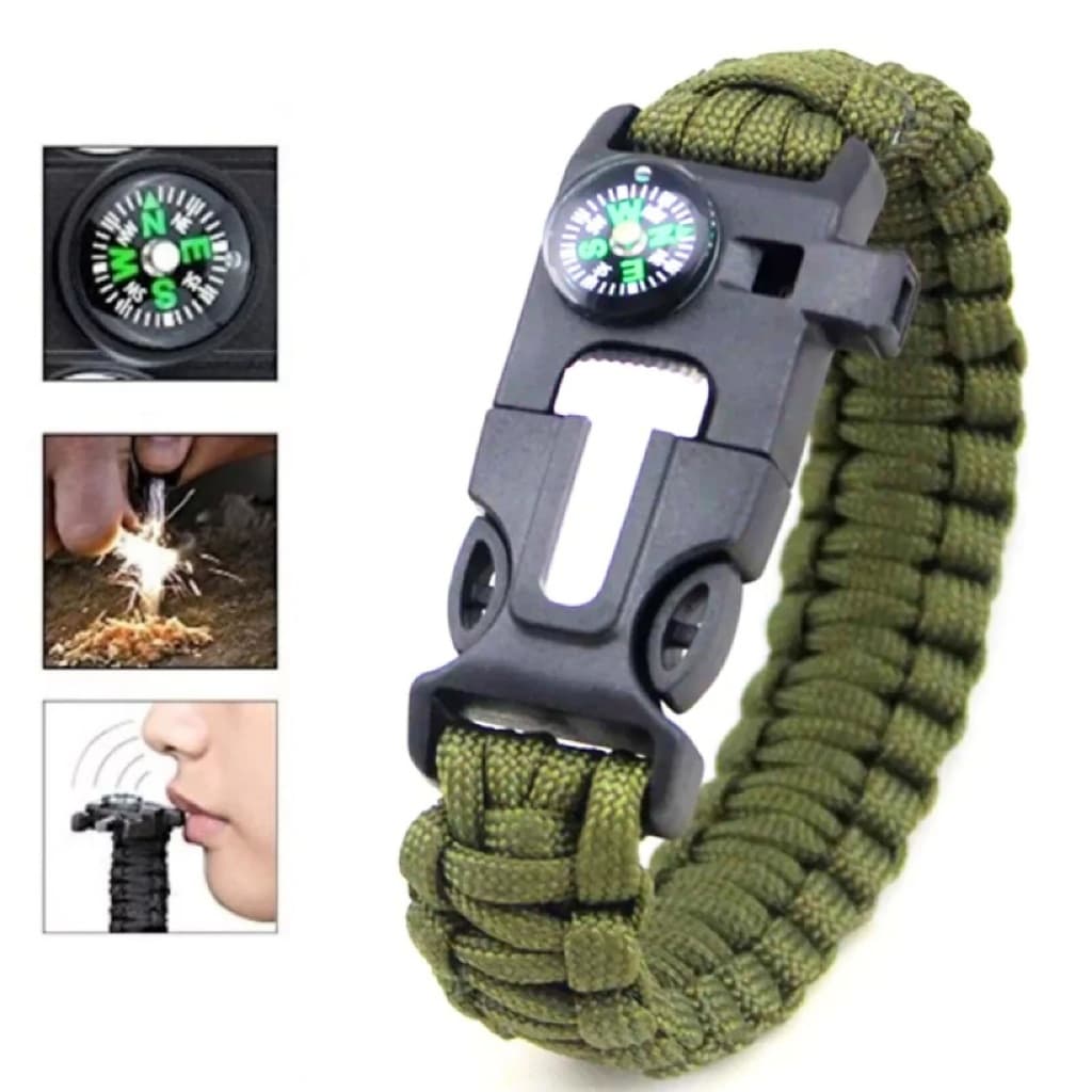 Pulseira Tática de Sobrevivência Paracord Verde Gudaoshop Bússola Apito e Pederneira