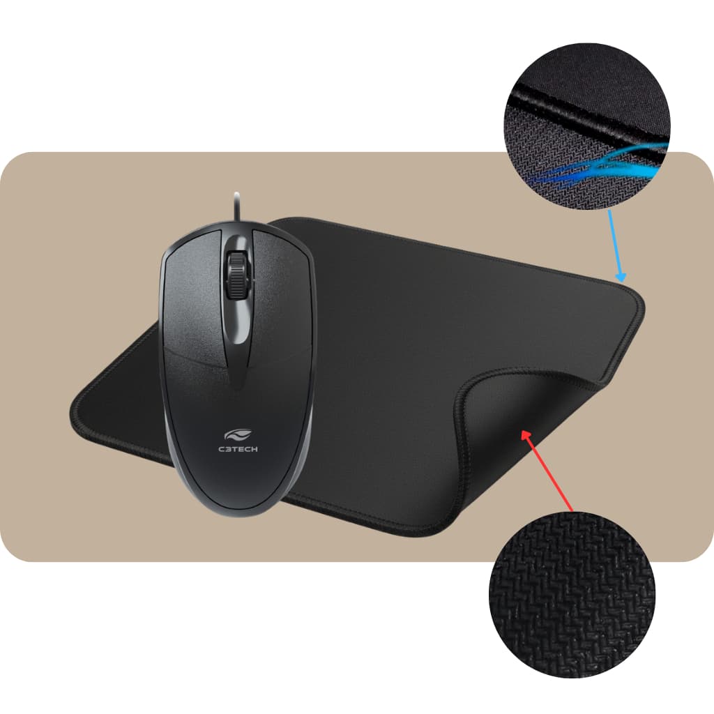 Kit Mouse Com Fio USB C3Tech MS-31BK + Mouse Pad 20x18 Borda Costurada Reforçado Base Emborrachada