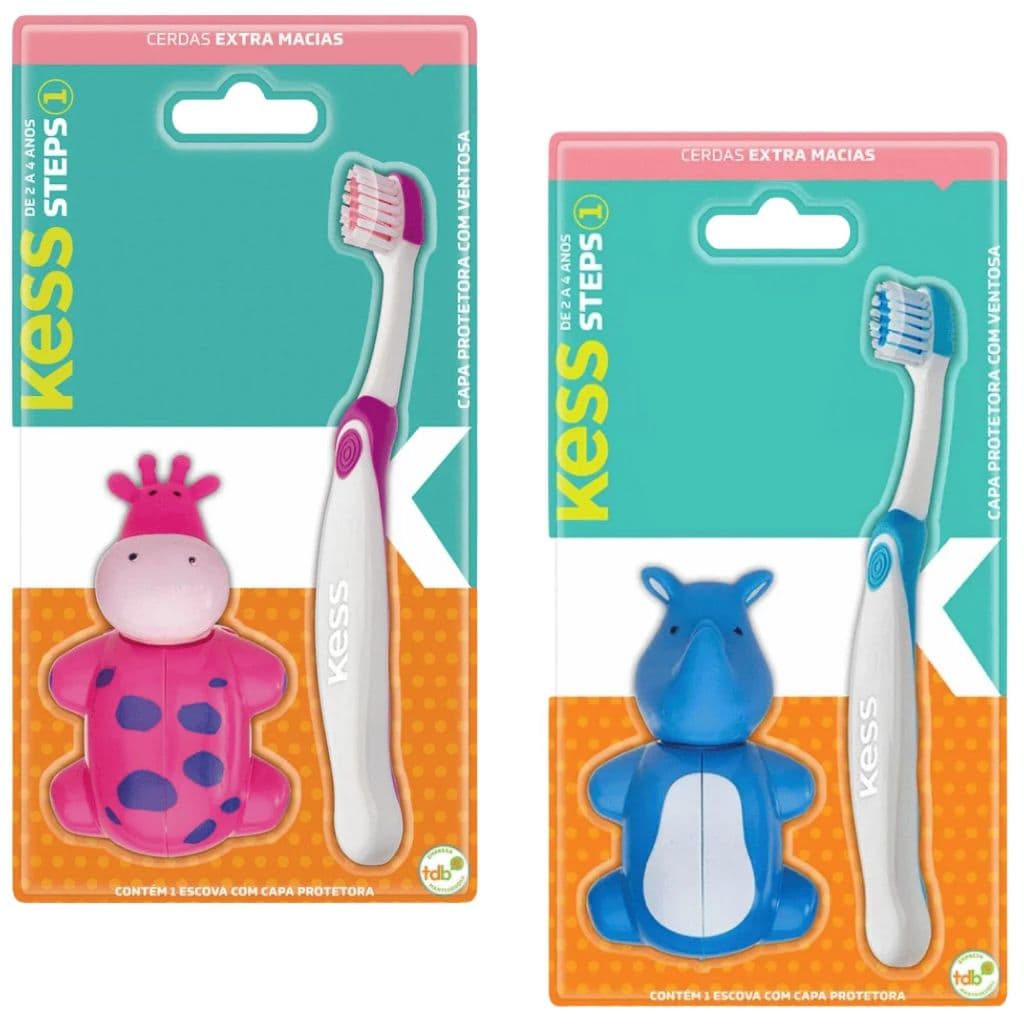 Escova Dental Infantil Kids 02 a 04 Anos Animais STEPS 1 Com Capa Protetora KESS Escova de Dentes