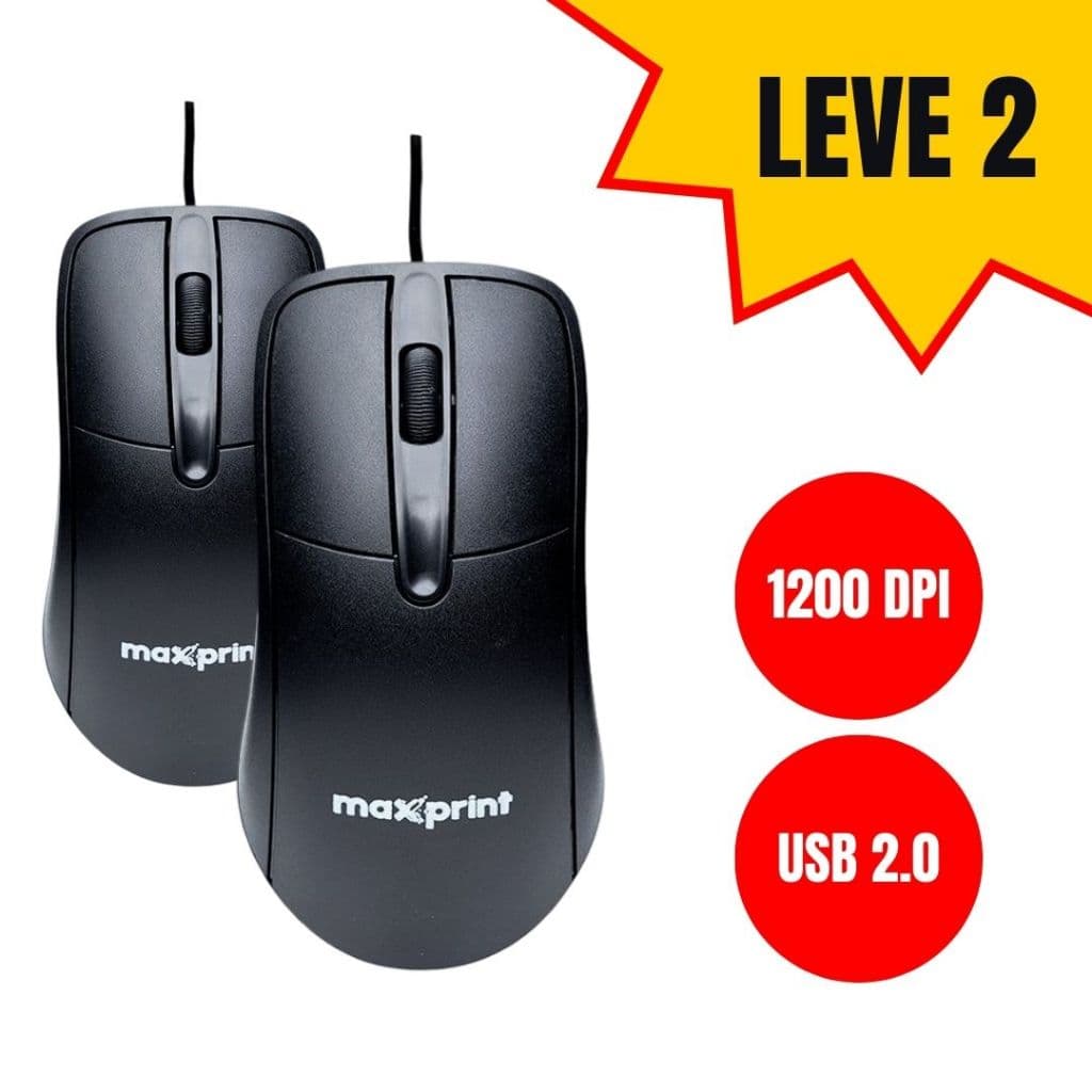 KIT 2 Mouse Óptico com Fio USB 1200 DPI para Notebook PC  Escritório Maxprint