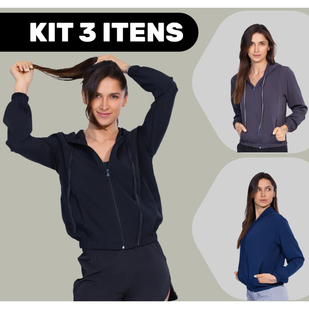 Kit 3 Jaquetas Blusa Corta Vento Feminina Capuz Leve Casual Esportiva Academia Lisa