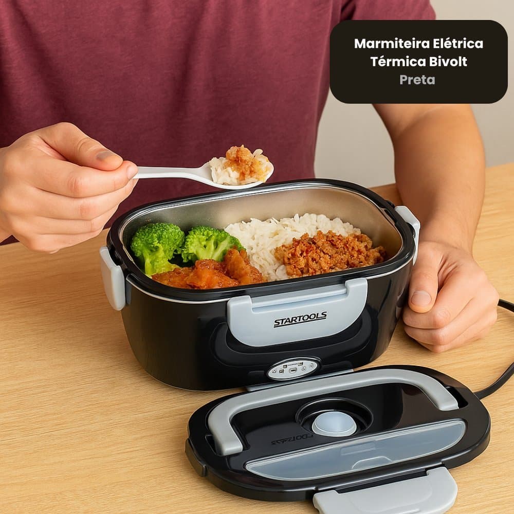 🔥 Marmita Elétrica Bivolt Térmica inox Portátil 2 em 1 Esquenta Comida  e Tomada 110v 220v Preta
