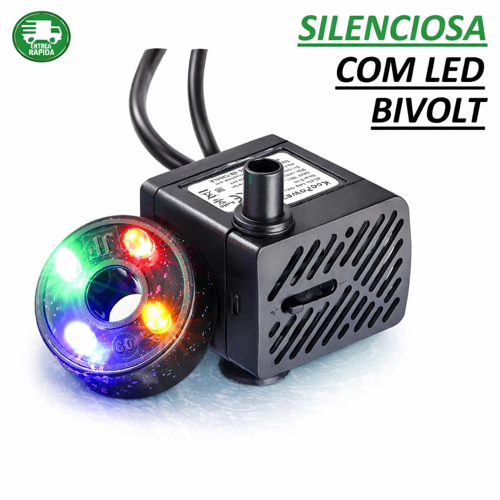 Motor Bomba Submersa Bivolt 4w Bombinha Fonte Aquário Pet Com Led