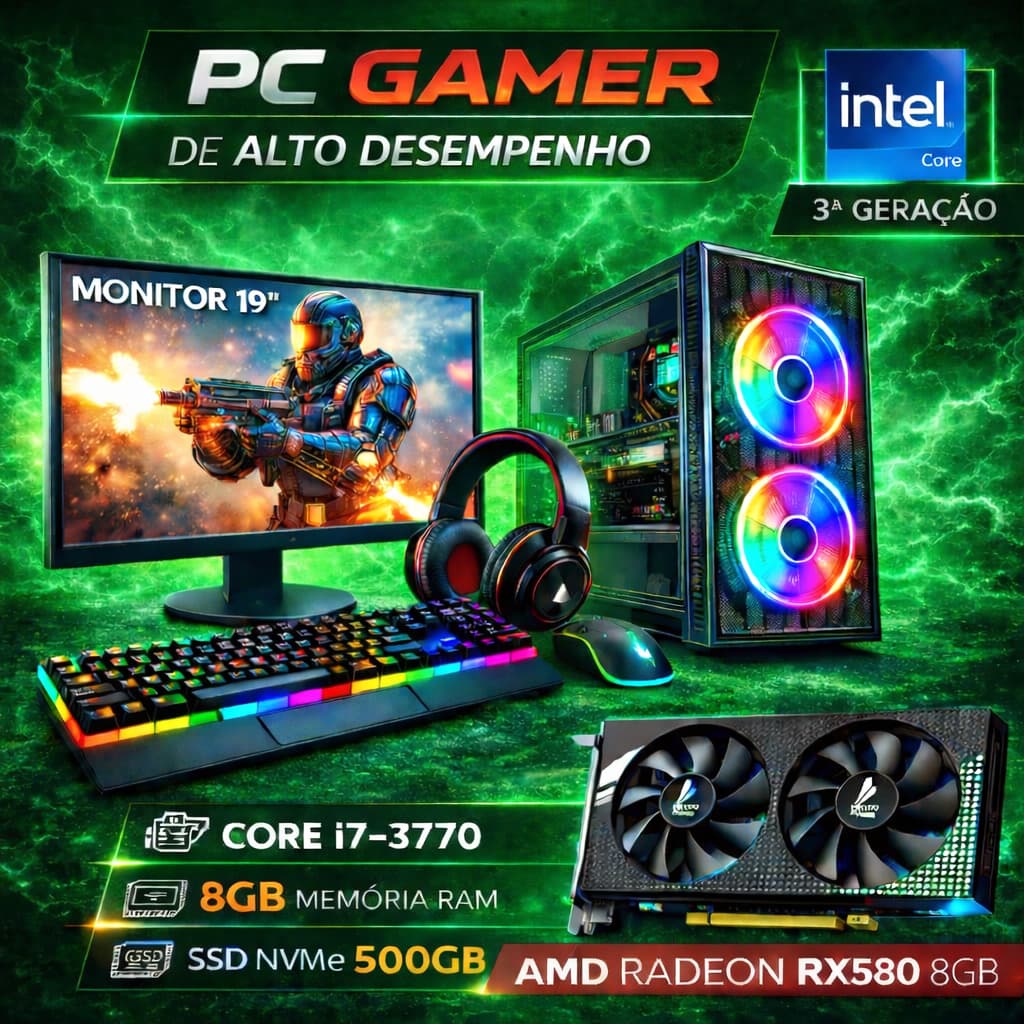 Computador Gamer Completo i7 3770 - 500GB Nvme - 8GB RAM - Placa de Vídeo RX580 - Monitor 19"