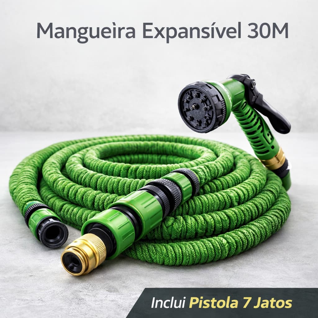Mangueira Mágica 15/30 Metro Expansível – Não Enrola, Não Dá Nó, Expande com a Água, Pistola 7 Jatos