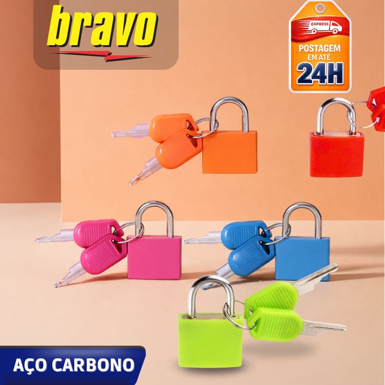 Cadeado Bravo Colorido com Chave | Trava Segura e Estilosa | Mochila, Armário, Malas