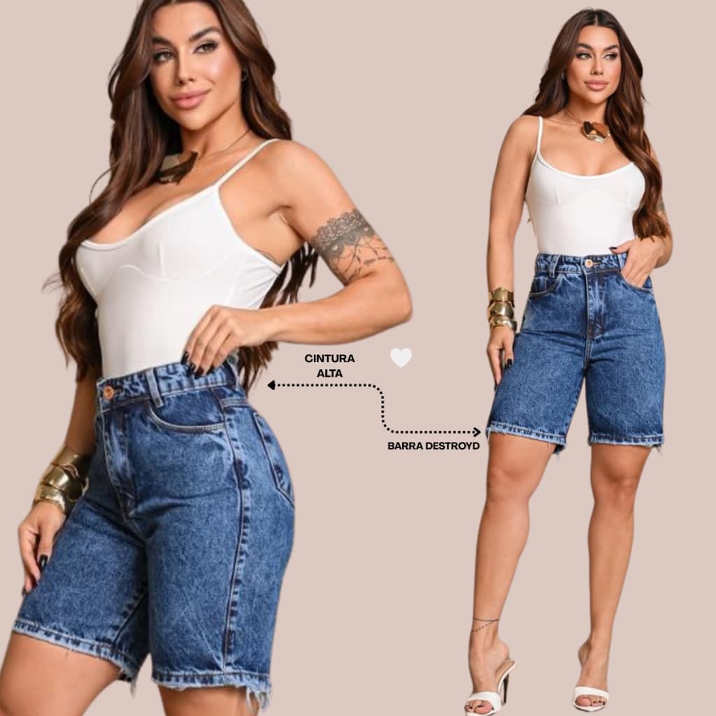 Bermuda Jorts Feminina Jeans Marmorizada Cintura Alta Sem lycra
