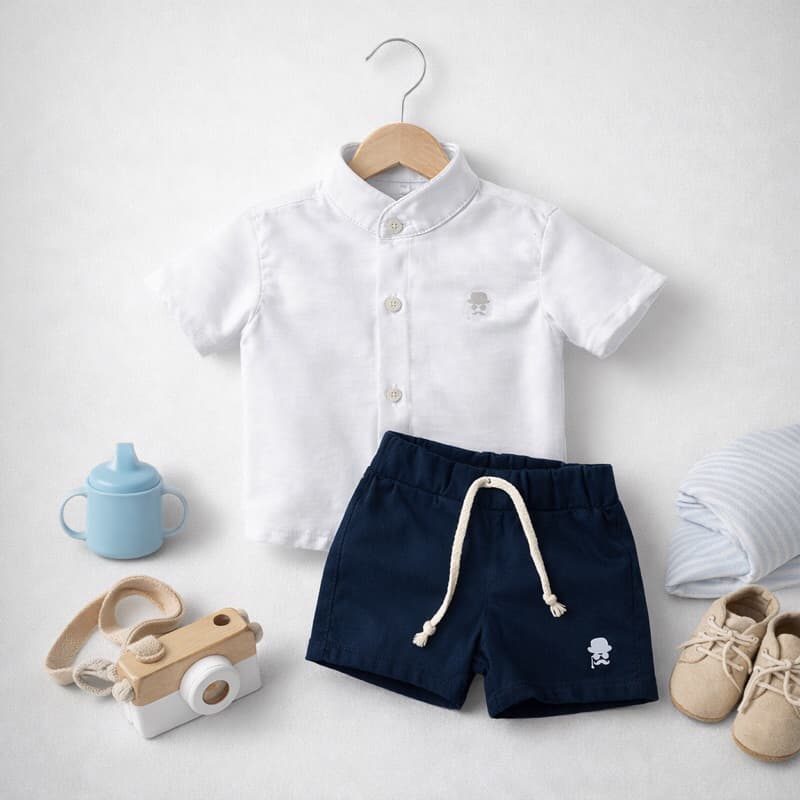 Conjunto de Verão Bebê 0-5 anos meninos Camisa Gola padre + Short Mauricinho Brim