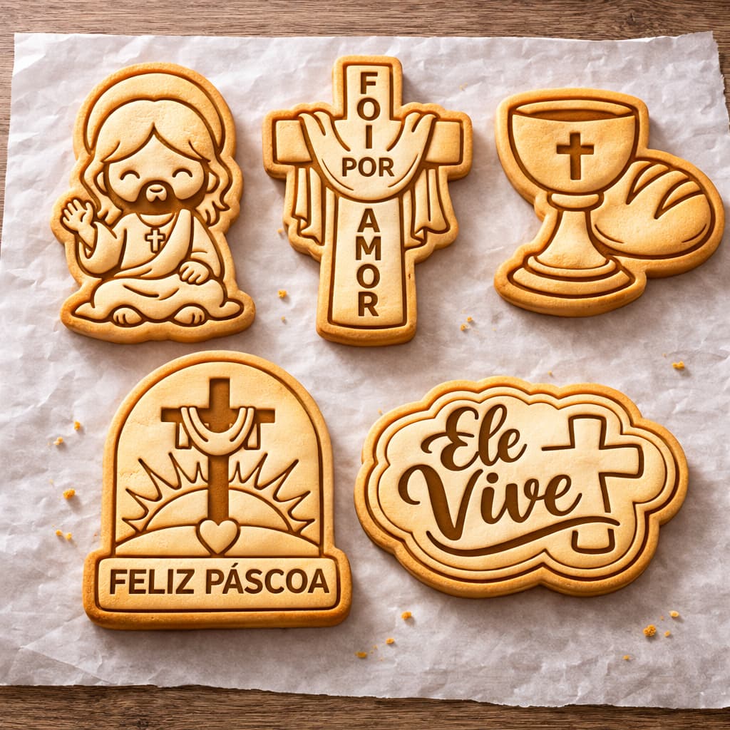 Kit 5 Cortadores e Marcadores 3D Páscoa Religioso Cristo Ele Vive Cruz Cookie Biscuit Pasta Americana PLA