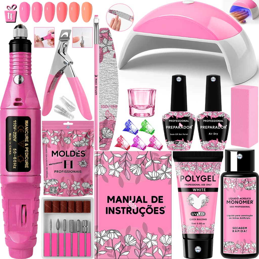 Kit Polygel Cabine Mini G 48W LED UV Unhas Poligel Lixadeira Elétrica Caneta 20.000RPM Manicure Profissional Completo