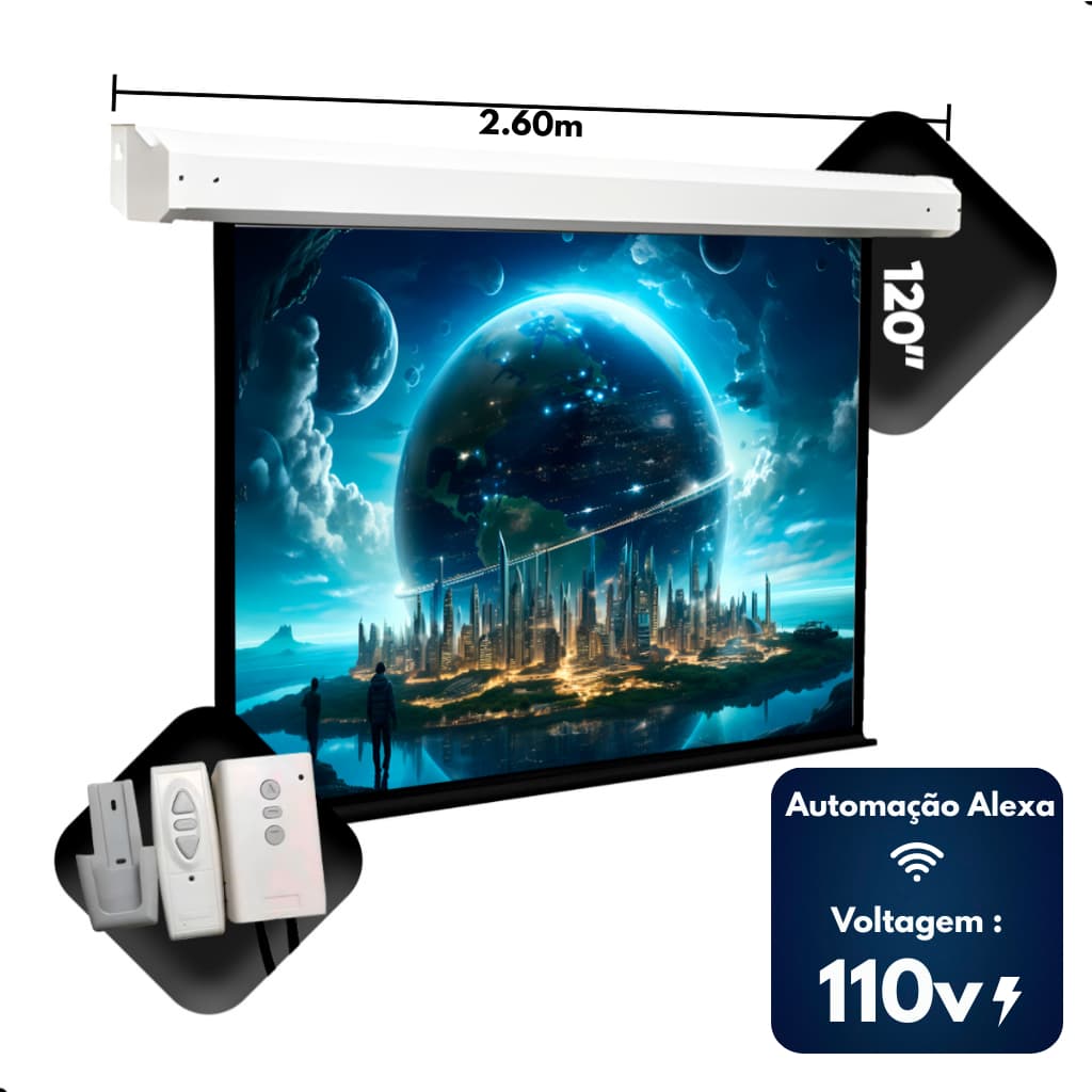 Tela De Projeção Elétrica 120 Polegadas 110v Retratil Com Controle Remoto Automação Com Alexa