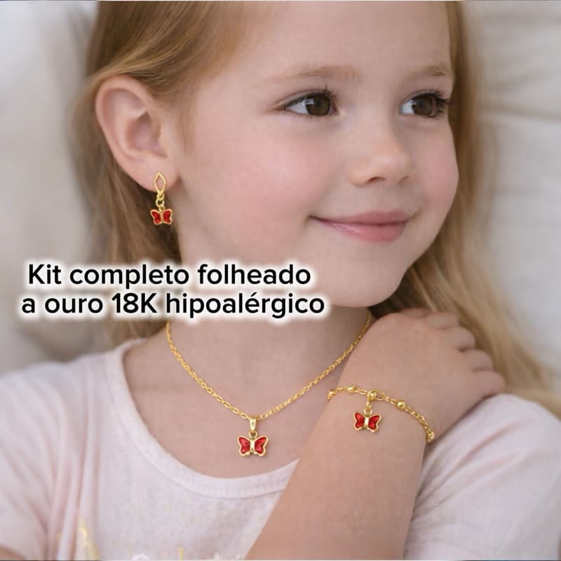 Kit Completo Infantil Borboleta Folheado a Ouro 18K – Colar, Brinco e Pulseira