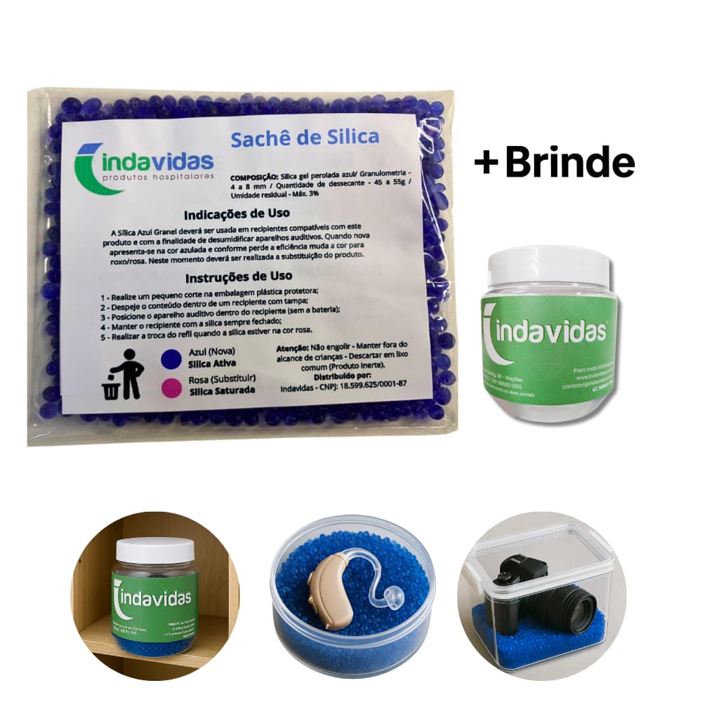 Silica Azul Refil para Desumidificador de Aparelho Auditivo 50g + Pote INDAVIDAS