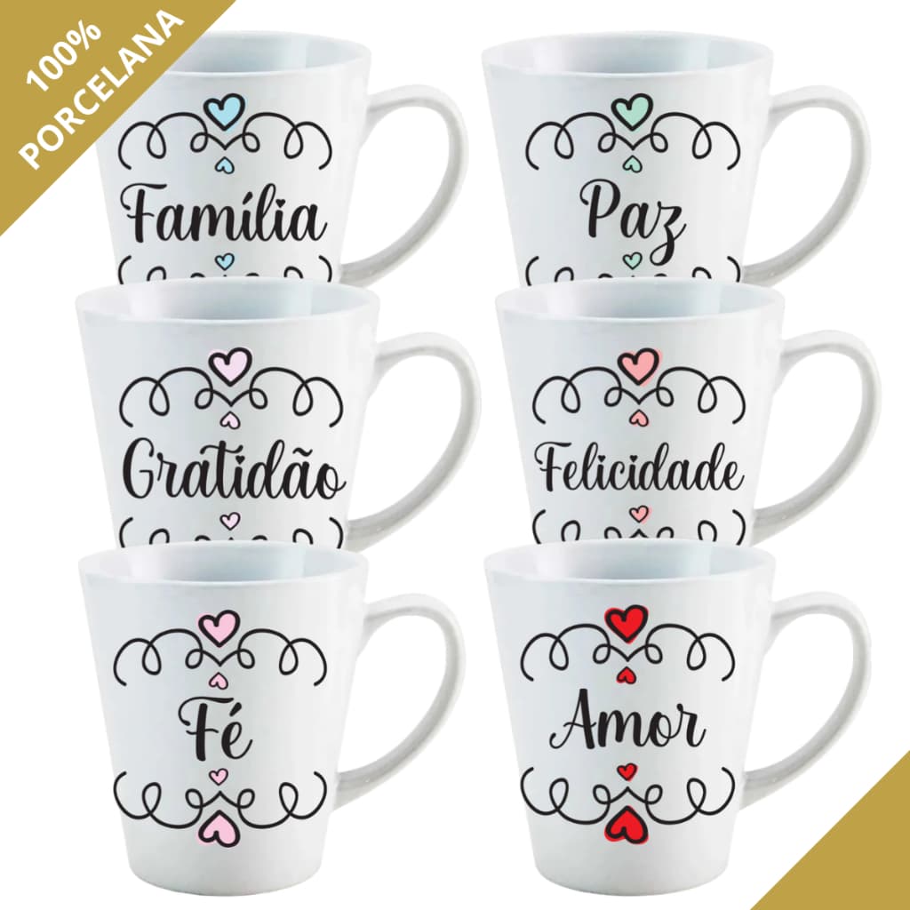 KIT 6 Canecas Porcelana 120 ML Frases Coração Motivação Xícaras Chá Café