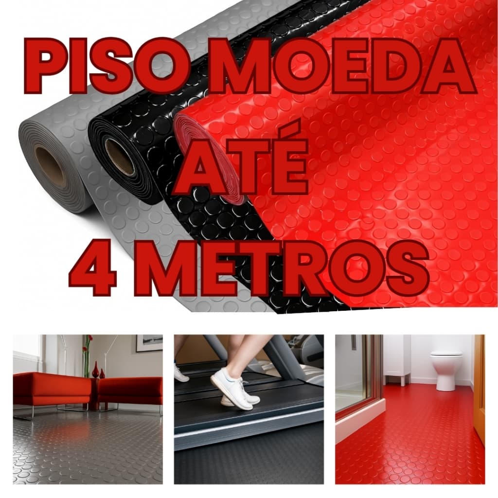Piso Emborrachado Moeda Preto, Vermelho e Cinza Até 4 Metros Esp 2,5mm - 0,90 Largura