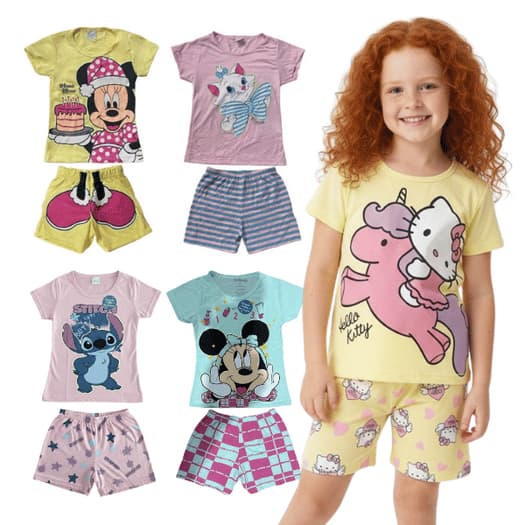 Pijama Menina 2 Peças Personagens Conjunto Infantil Brilha no Escuro Lilo Stitch Minnie Mickey