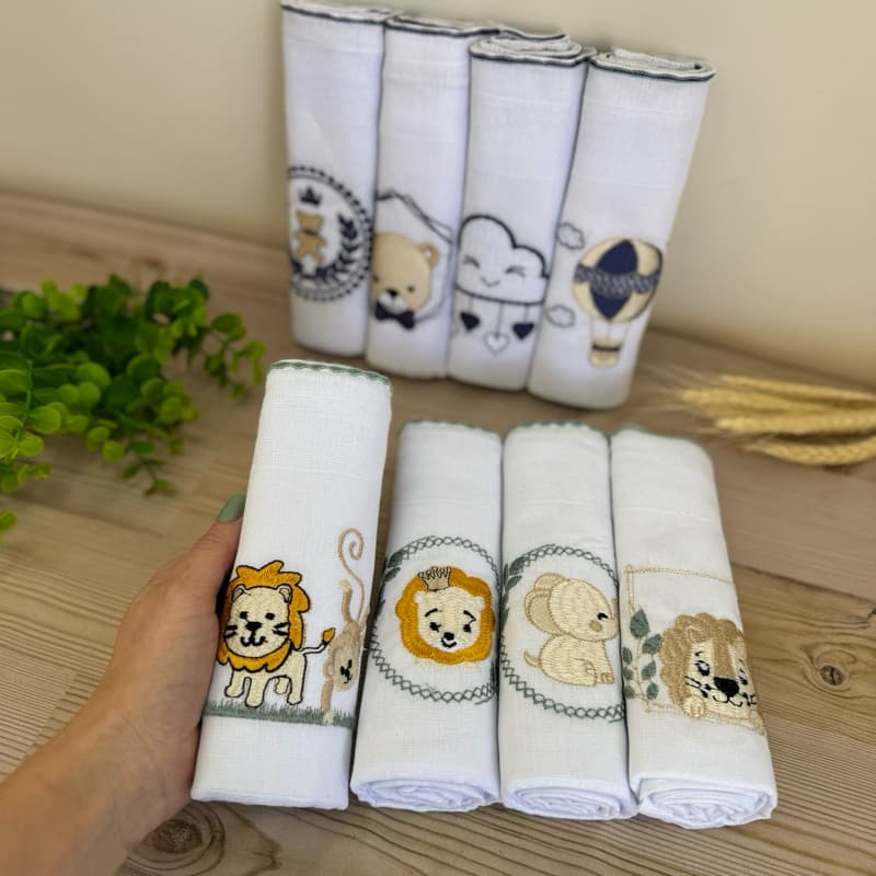 Kit Fralda de Pano Bordada Bebê 70 x 70cm Unissex Menino Menina Safari Enxoval - Lilas Rosa