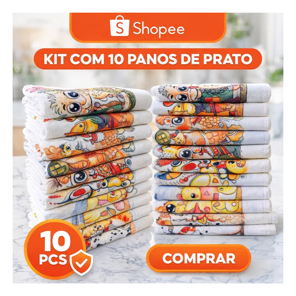 Kit com 10 Panos de Prato Estampados, sortidos.