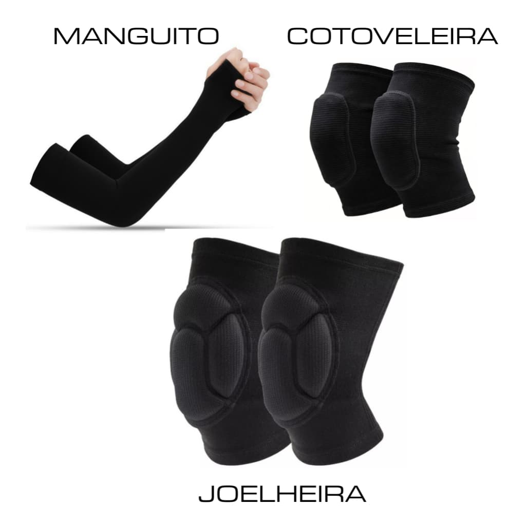 Kit Conjunto Joelheira Esportiva Com Cotoveleira de Proteção e Manguito Anti UV Para Danca Volei Goleiro Acolchoada