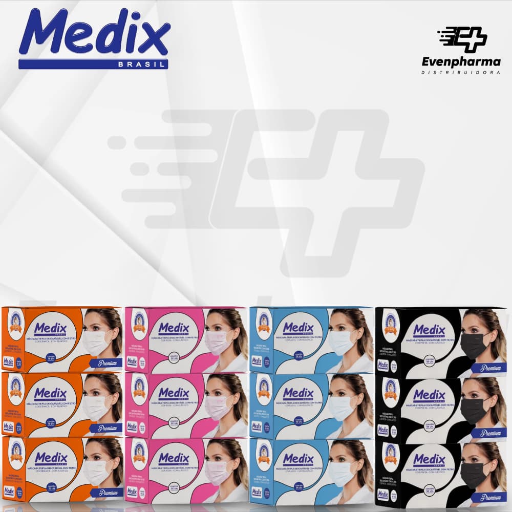 Máscara de proteção facial tripla Branca Rosa Azul Preta Medix