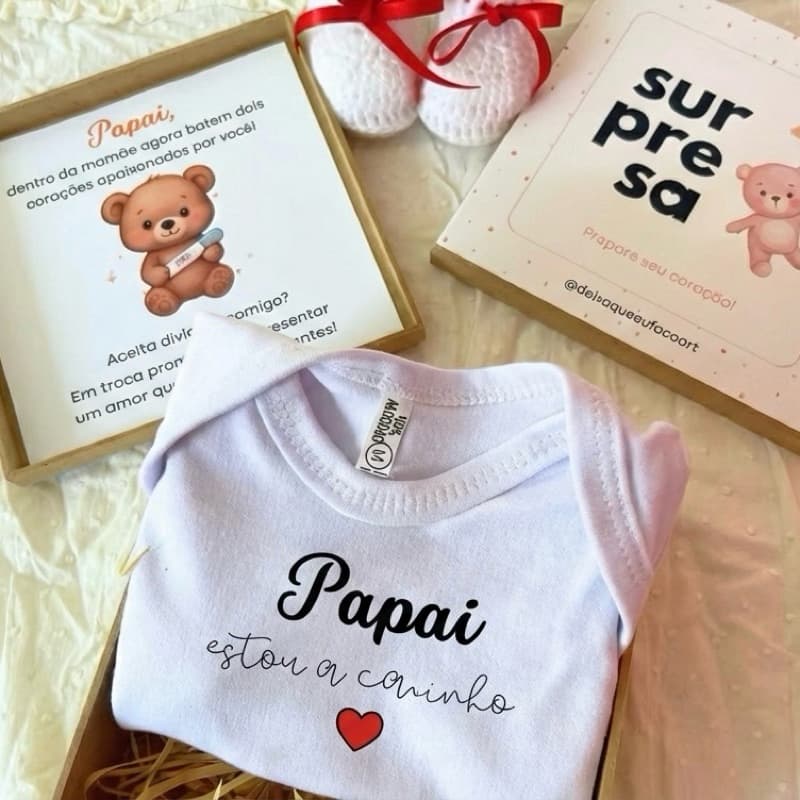 Caixa Surpresa para Revelar Gravidez Personalizada - Revelação Criativa para o papai e família com polaroid e body