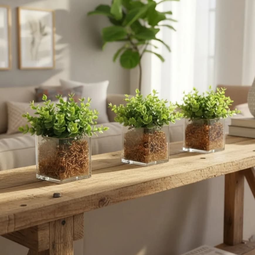 Kit 3 vasinhos de vidro incolor com planta artificial permanente decoração