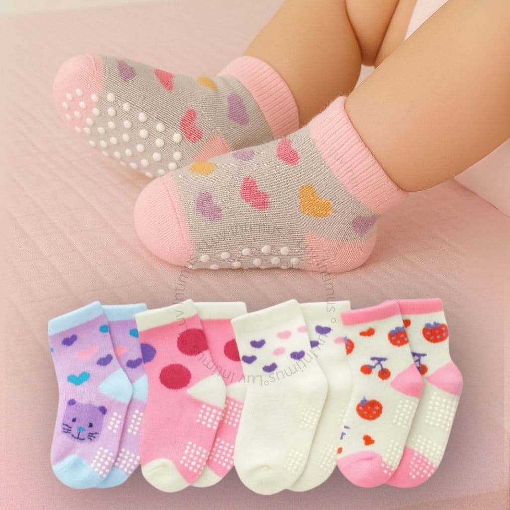 Kit 12,9 ou 6 Pares de Meias Bebê Menina Antiderrapantes Algodão Confortáveis 0–24 Meses
