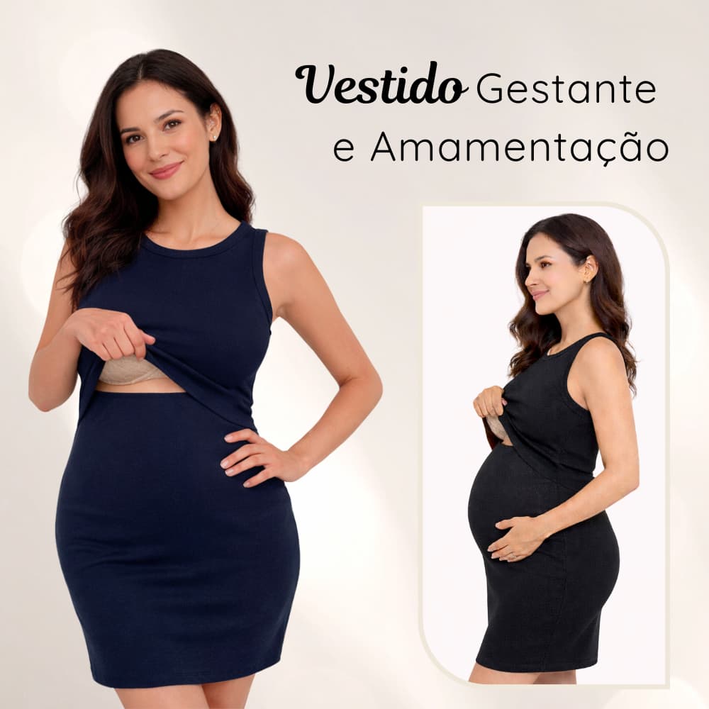 1002 Vestido Regata Malha Canelada Canelado Gestante e Amamentação Grávida Amamentar