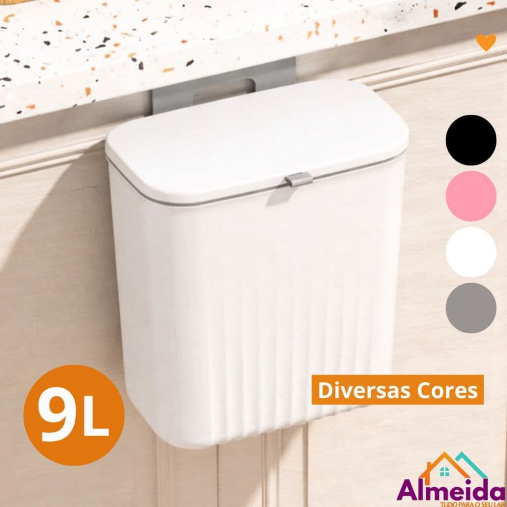 Lixeira Suspensa 9 Litros Com Tampa Para Porta De Armário Banheiro e Cozinha