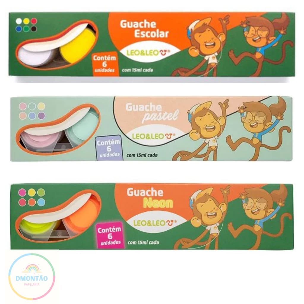 Tinta Guache Escolar Kit c/ 6 Cores BásicasTradicionais, Neon ou Metálicas Leo&LeoGuache Escolar Com 6 Cores - Leo & Leo