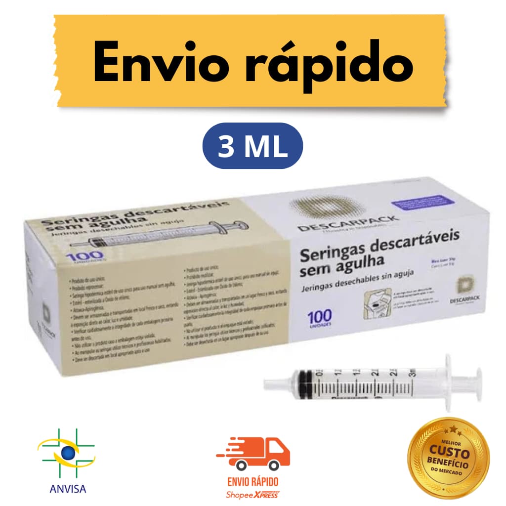 Seringa 3ml Descarpack Luer Slip Estéril Descartável S/ Agulha - Hospitalar Laboratorial e Doméstico