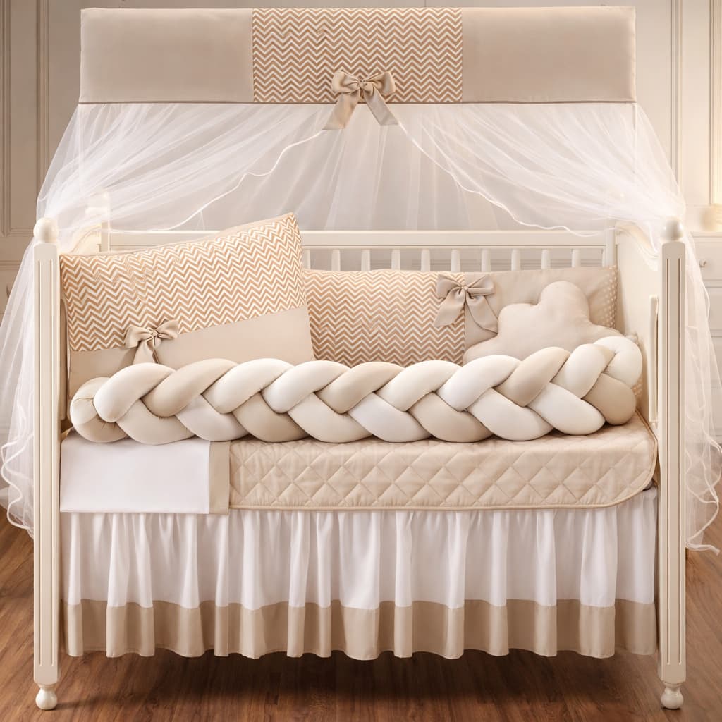 Kit Protetor de Berço Bege Neutro 11 Peças Premium – Acabamento Sofisticado Padrão Americano