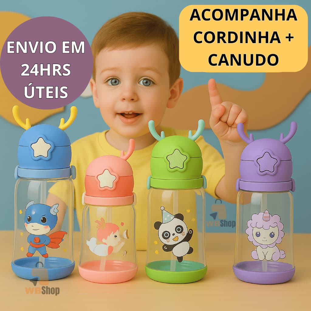 Garrafa Copo de Agua Alce Infantil Com Canudo 580 ml Menino Menina