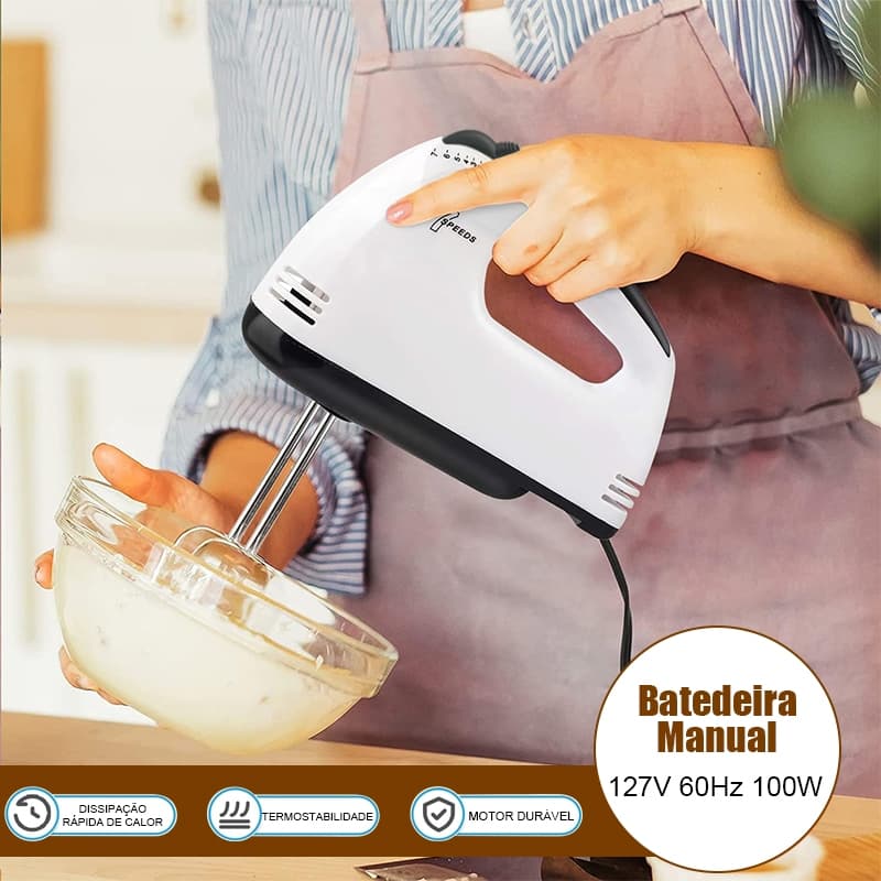 Batedeira de Mão Elétrica 7 Velocidades 127V Mixer Portátil p/ Bolo e Massas Cozinha