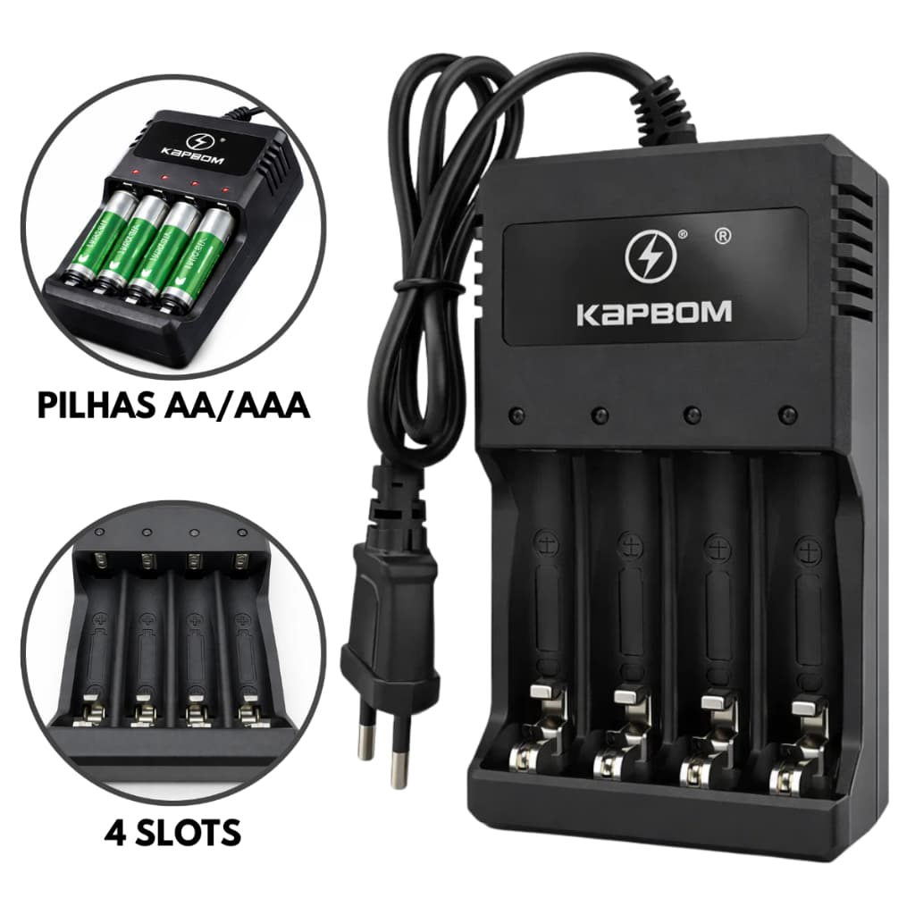 Carregador de Pilhas Bivolt Palito AAA e AA Original Kapbom