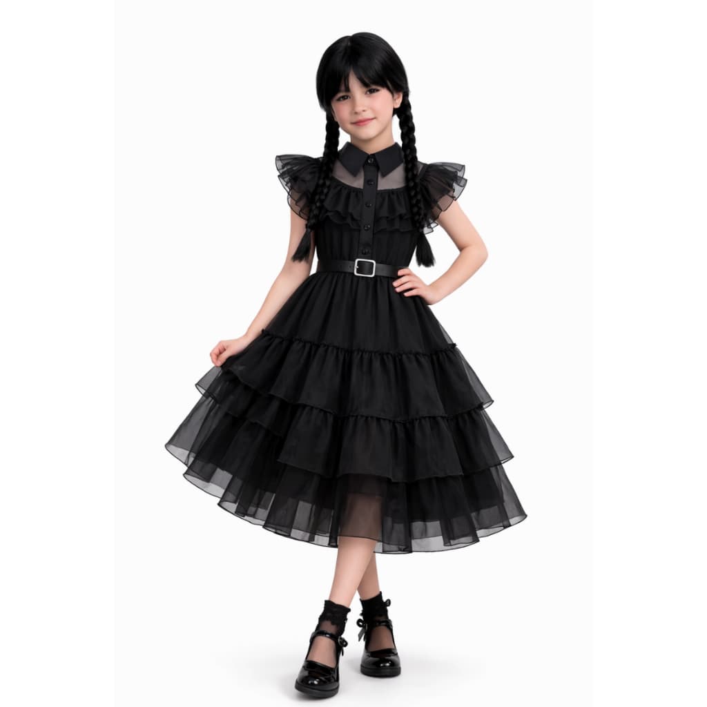 Fantasia Infantil Wandinha Vestido Criança Terror Vandinha Halloween Baile Preto 2 Pçs Cinto Vestido Menina Carnaval